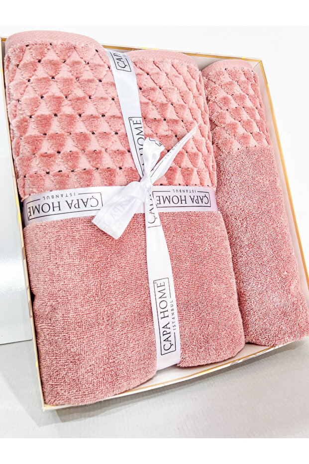 2'li Jakarlı Kutulu Banyo Havlu Hamam Takımı 1 Adet 70x140, 1 Adet 50x90 - 5
