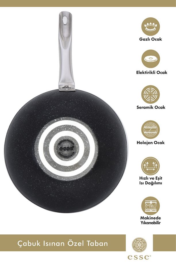 28 Cm Granit Wok Tava Yapışmaz Yüzey Siyah Gri E0020 - 7