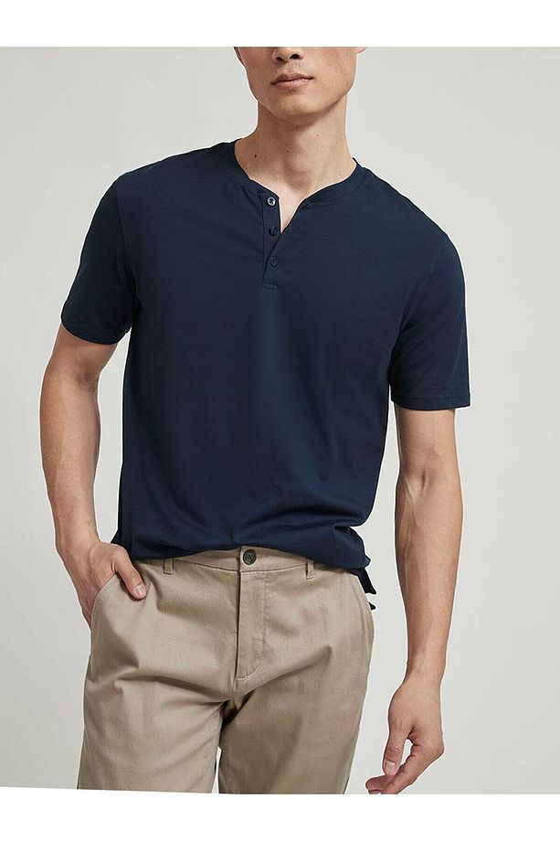 Erkek Lacivert %100 Doku Pamuk 3 Düğmeli Patlı Yarım Balıkçı Regular Fit Basic Henley T-shirt - 1
