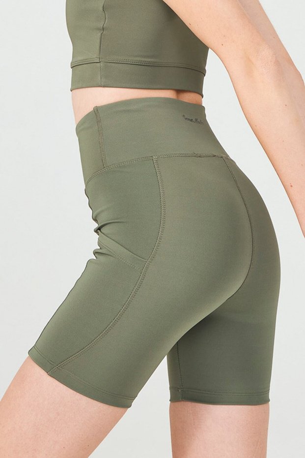 Khaki Green High Waist Double Pocket Recovery Sports Shorts