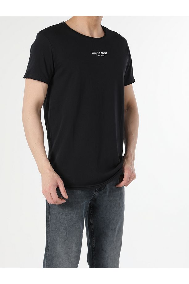 Long Fit Bisiklet Yaka Örme Erkek Siyah Kısa Kol Tişört Cl1053907 - 1