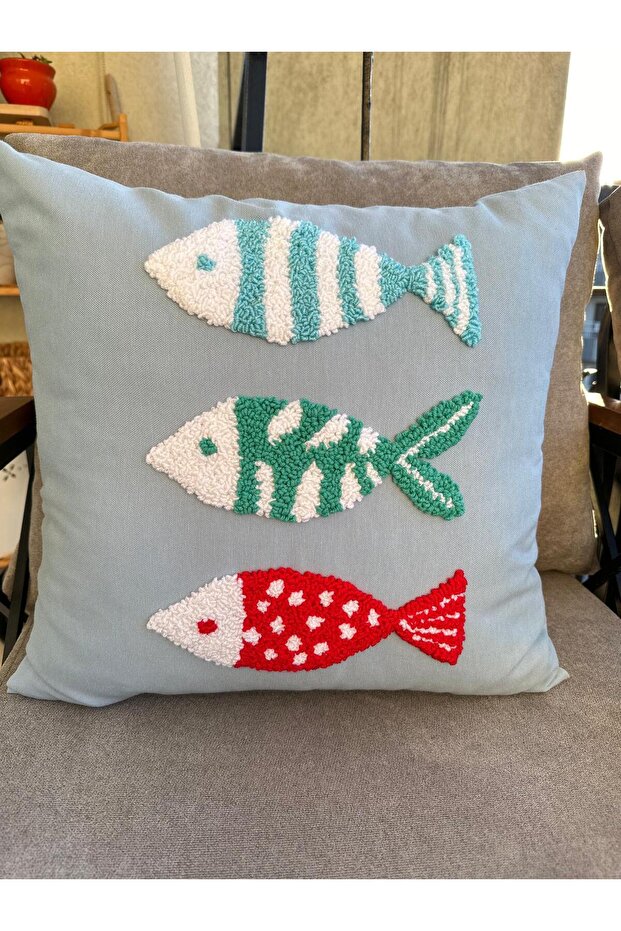Punchhatolyesi sea fish model hand embroidered punch panch cushion cover baby blue