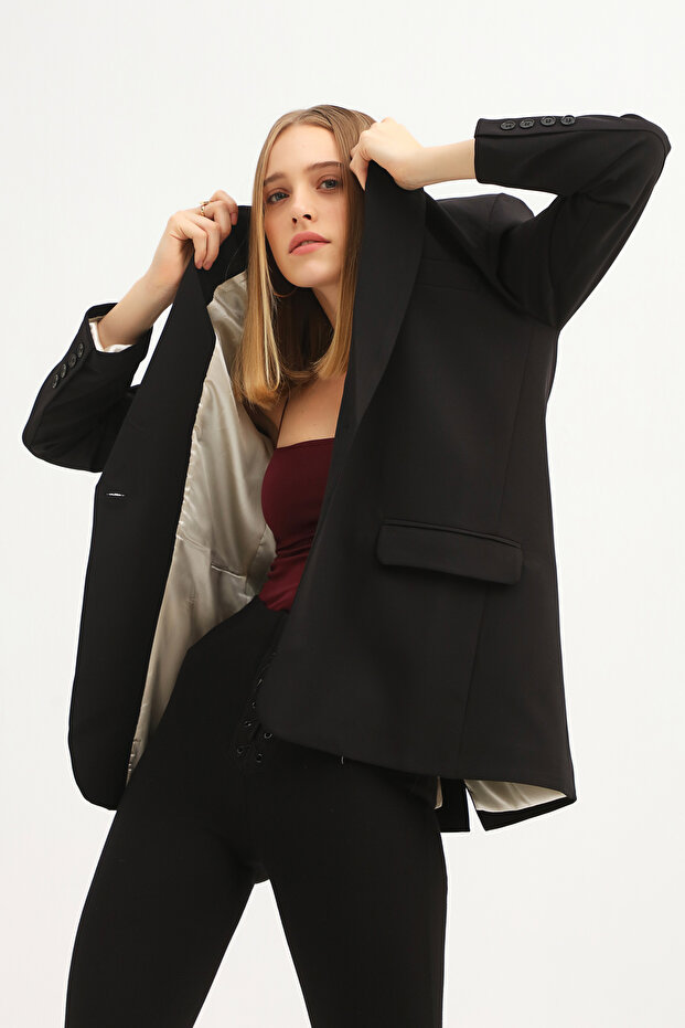Single Button Blazer Jacket Black - 2