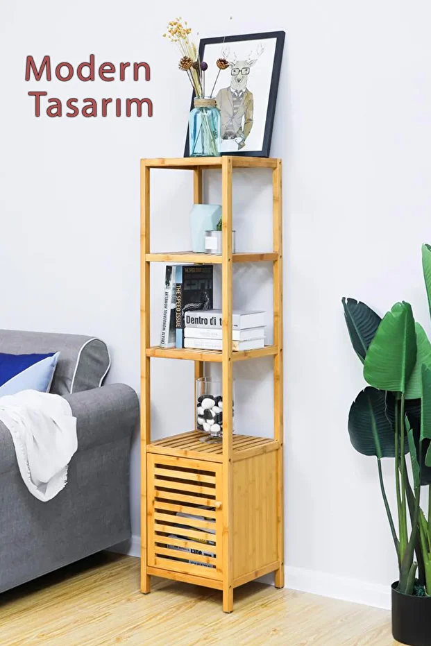 Bambu Tek Kapaklı 4 Raflı Çok Amaçlı Düzenleyici Organizer Dolap - DB-0003 - 4