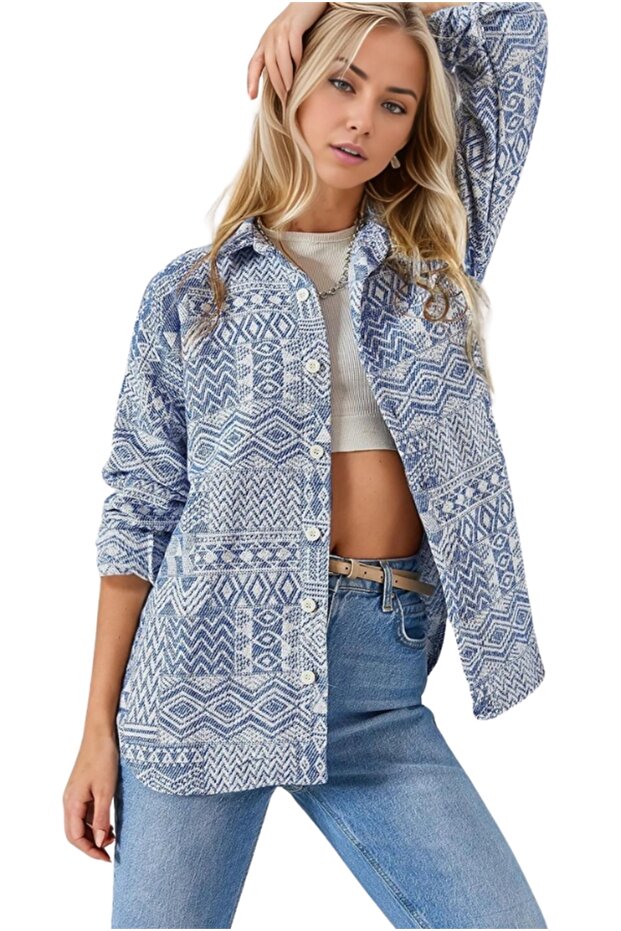 Women's Light Blue Ethnic Patterned Cashmere Shirt with Buttons