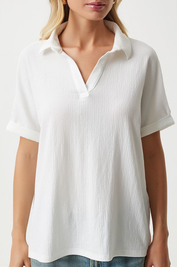 Kadın Ekru Polo Yaka Örme Krinkıl Bluz DD01299 - 4