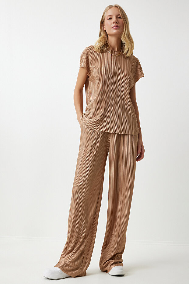 Women's Biscuit Pleated Casual Blouse Pants Suit Mc00283