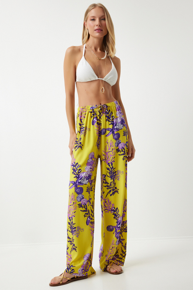 Women's Yellow Purple Patterned Flowy Viscose Palazzo Trousers EN00606
