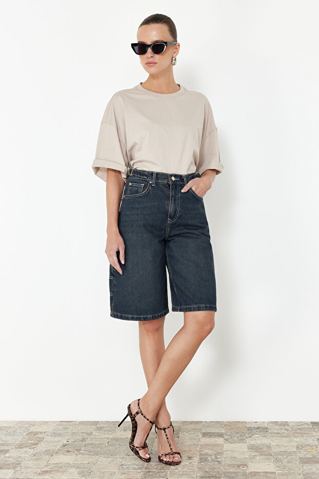 Koyu Mavi Bel Detaylı Yüksek Bel Denim Bermuda TWOSS24SR00173 - 2