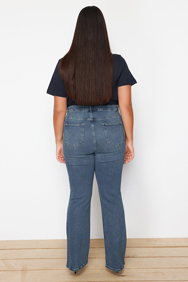 Mavi Yüksek Bel Comfort/Orta Esnek İspanyol Paça Flare Fit Jean TBBSS24CJ00046 - 6