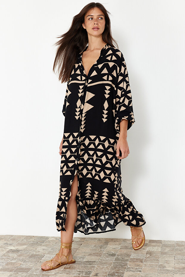Siyah Midi Geniş Kesim Bordür Desen Detaylı Boho Dokuma Elbise TWOSS24EL01019 - 2