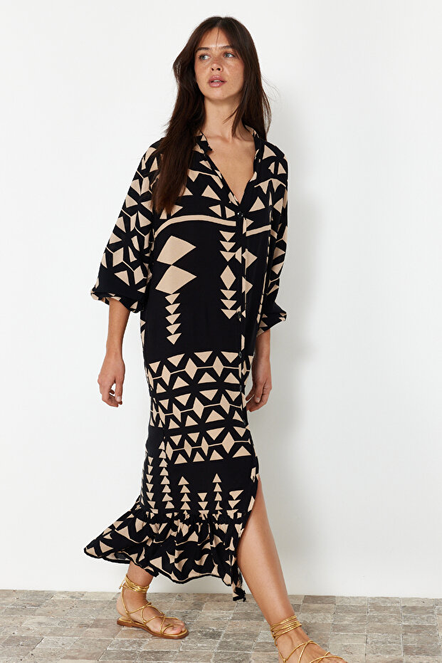 Siyah Midi Geniş Kesim Bordür Desen Detaylı Boho Dokuma Elbise TWOSS24EL01019 - 4