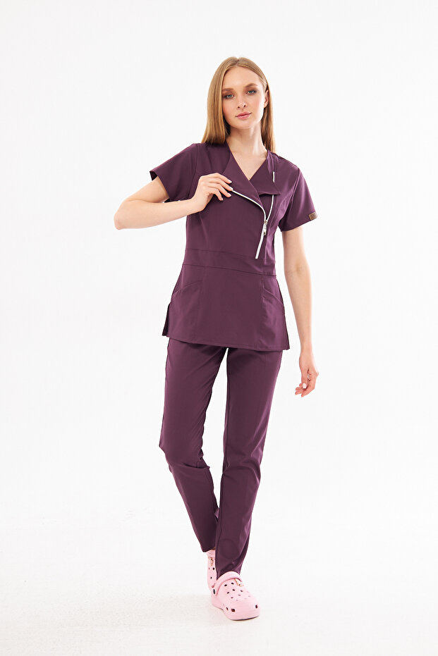 Kıev - Light Plum Straight-Leg Modern and Stylish Double-Breasted Zipper-Closure Doctor and Nurse Uniform Scrubs