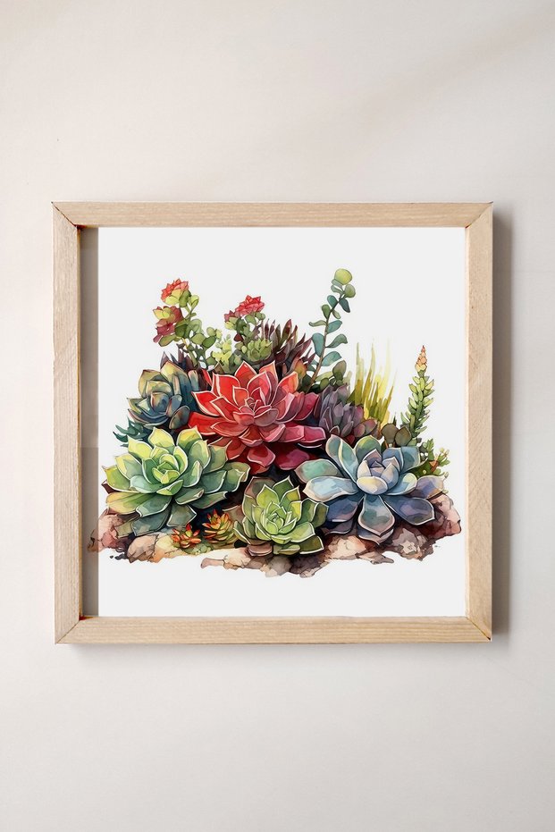 Colorful Cactus Painting with Wooden Frame, Watercolor Effect, Watercolor