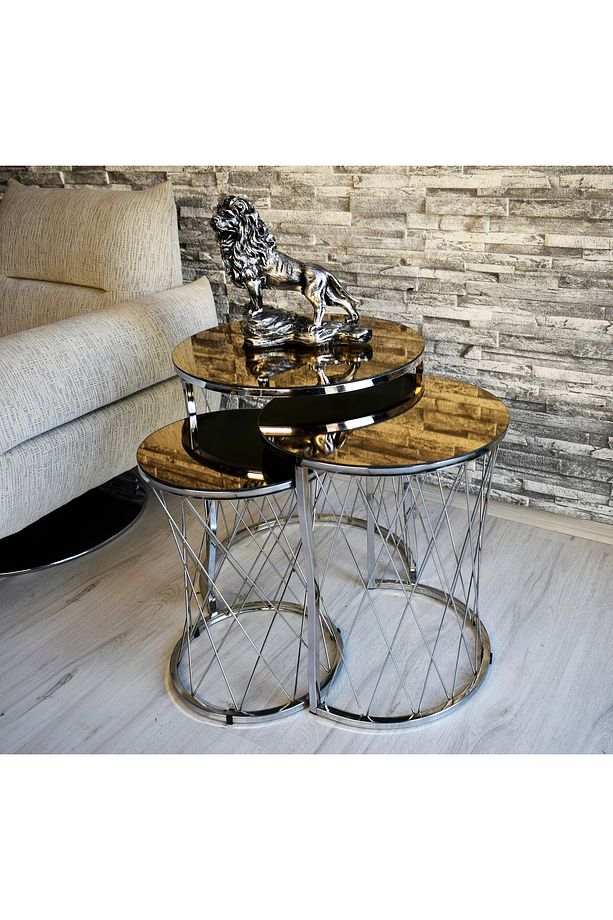 3 lü Hasır Model Bronz Ayna Gümüş Ayak Zigon Sehpa - 2