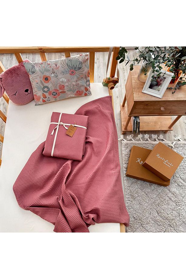 %100 Pamuk Waffle Gül Kurusu Pembe Tek Kişilik Pike - 3