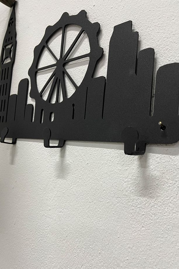 Londra Şehir Silüeti Metal Askılık - Dekoratif Askı - Duvar Askısı - Elbise Askısı - 3