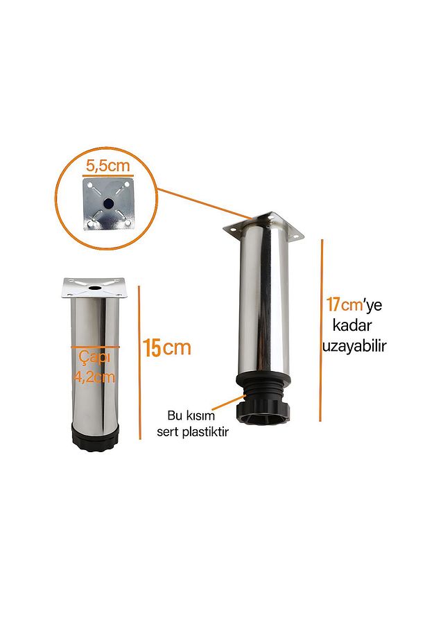 4 Adet Ayarlı Metal Ayak 15 CM Lüx Baza Dolap Koltuk Mobilya Kanepe Ayağı Krom Destek Ayağı - 3