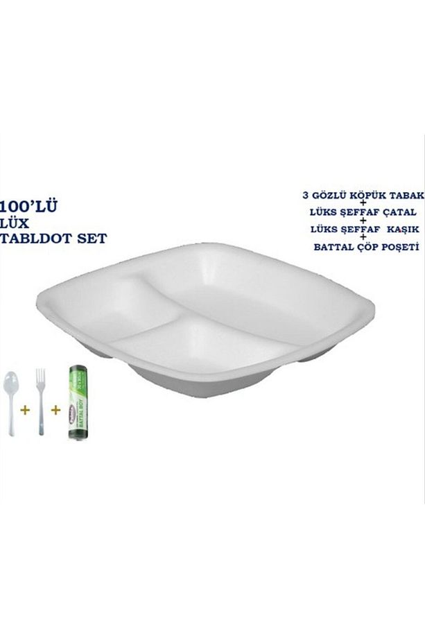 Üç (3)gözlü Tabldot Köpük Tabak + Plastik Çatal + Plastik Kaşık + Çöp Poşeti (100eradet) Piknik Seti - 1