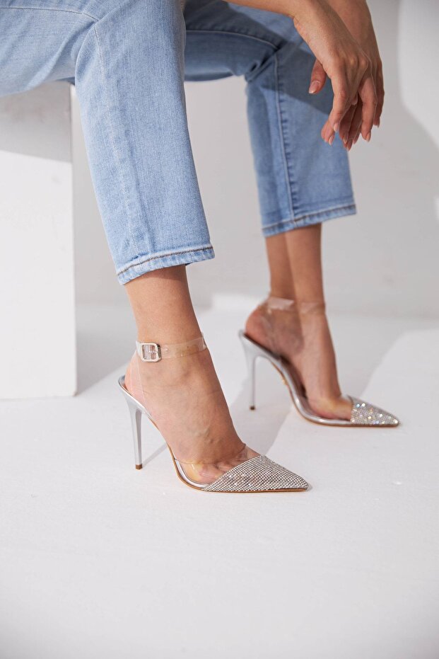 Gleam Stone Detailed Ankle Strap Silver Transparent 10 cm Women's Stiletto, High Heels