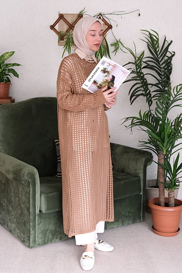 Sütlü Kahve File Triko Elbise - 2