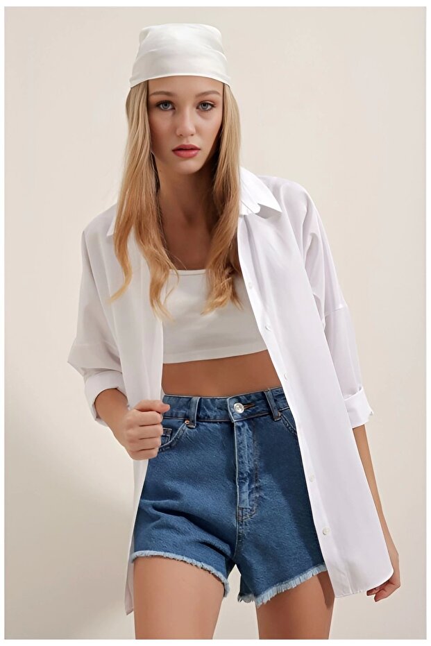 Kadın Oversize Uzun Basic Gömlek - 4