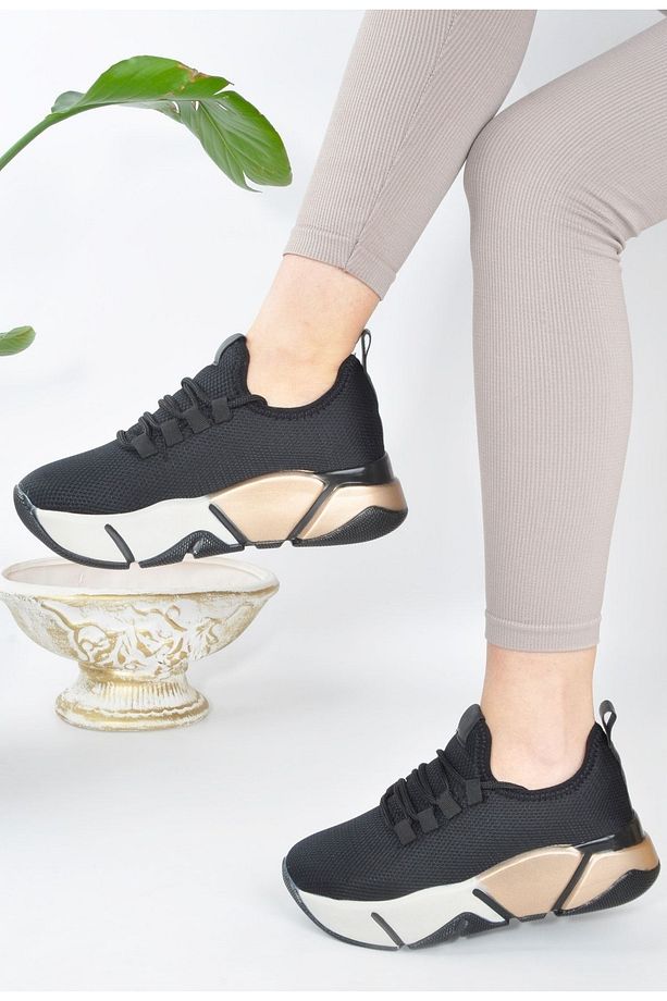 Kadın Sneaker Bağcıklı Triko Esnek Hafif Ve Kalın Tabanlı Yürüyüş Spor Ayakkabı - 1