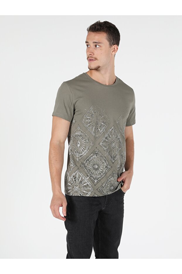 Regular Fit Bisiklet Yaka Örme Erkek Haki Kısa Kol Tişört Cl1049850 - 4