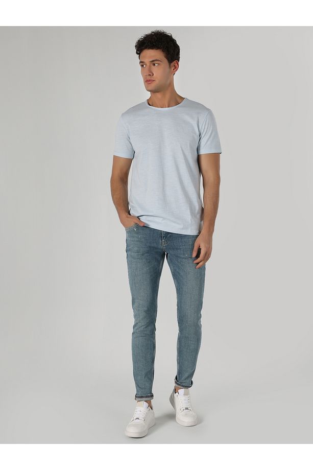 Regular Fit Bisiklet Yaka Basic Mavi Erkek Kısa Kol Tişört Cl1058580 - 3