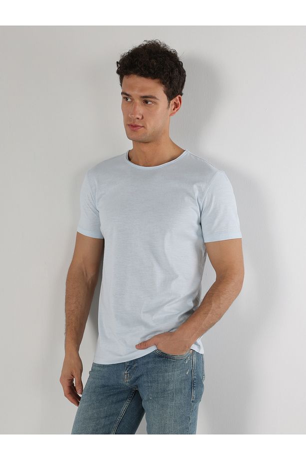 Regular Fit Bisiklet Yaka Basic Mavi Erkek Kısa Kol Tişört Cl1058580 - 4