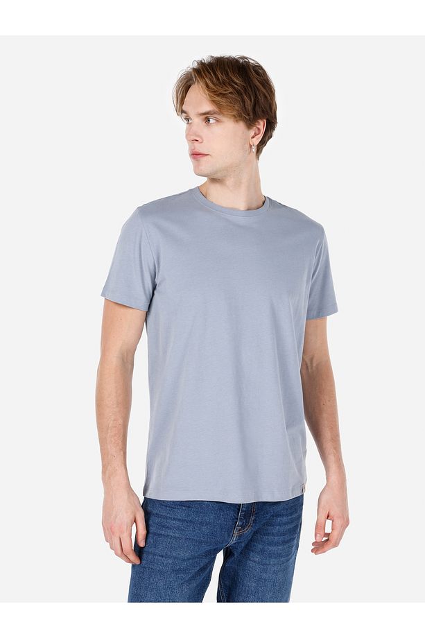 Regular Fit Bisiklet Yaka Basic Mavi Erkek Kısa Kol Tişört Cl1058592 - 1