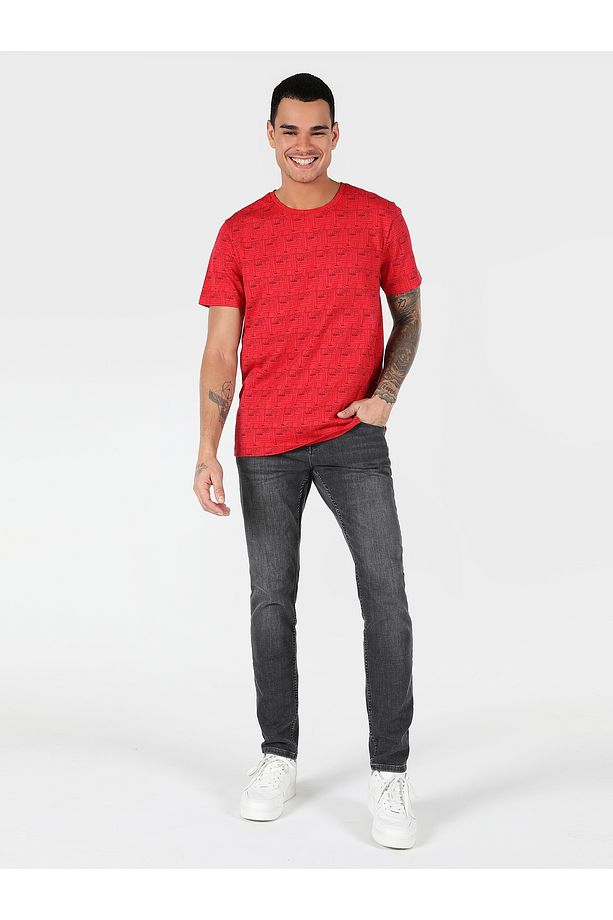 Regular Fit Bisiklet Yaka Baskılı Kırmızı Erkek Kısa Kol Tişört Cl1059972 - 3