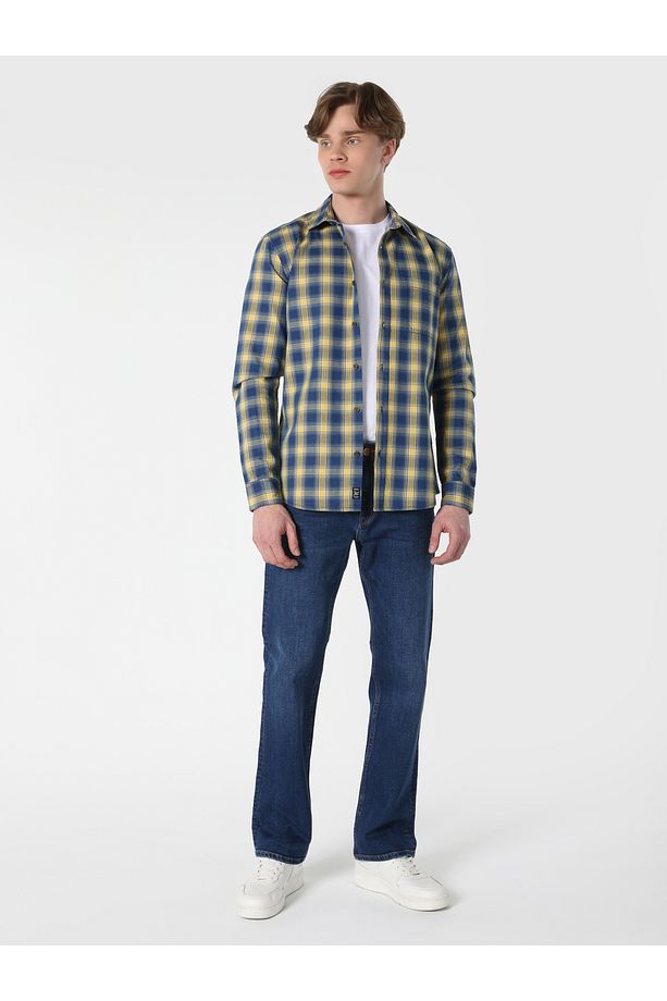 Slim Fit Kareli Mavi Erkek Uzun Kol Gömlek Cl1061650 - 3