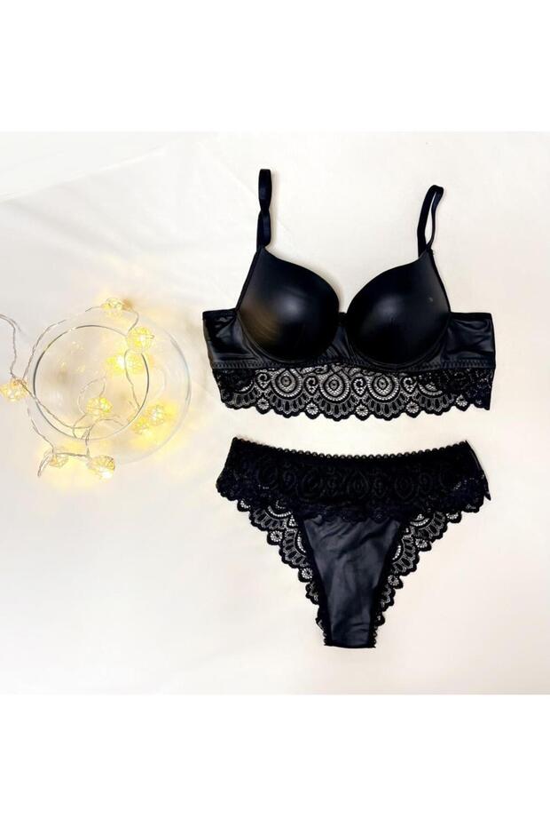 Women's Leather Supported Bra Panties Lingerie Set