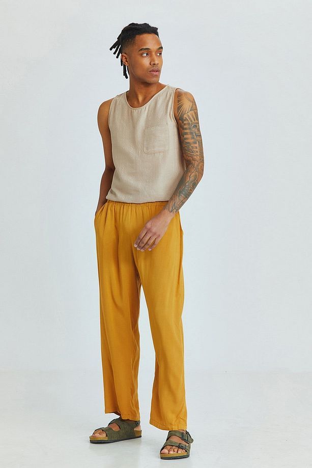 Relaxed Fit Dökümlü Erkek Pantolonu Sarı - 1