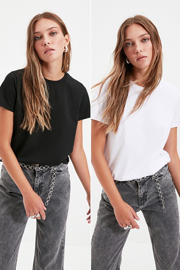 Çok Renkli %100 Pamuk Süprem Bisiklet Yaka 2'li Paket Örme T-Shirt TWOSS20TS0141 - 1