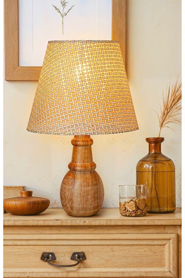 Wooden Walnut Lampshade Cream Modern Chic Bedroom Living Room Table Lamp