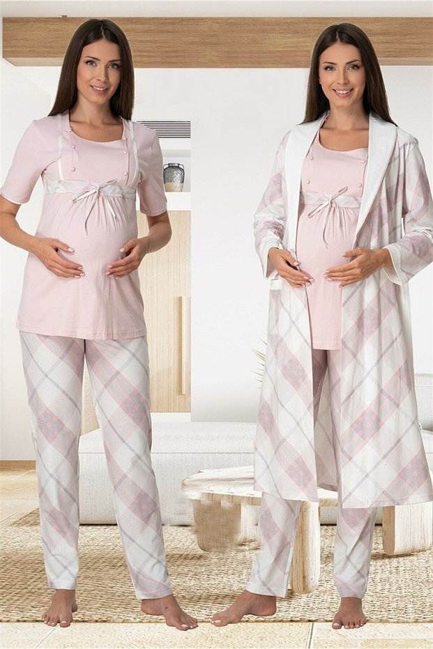 Effort Women's Pink Plaid 3-Piece Set with Adjustable Waist Maternity Pajamas Set