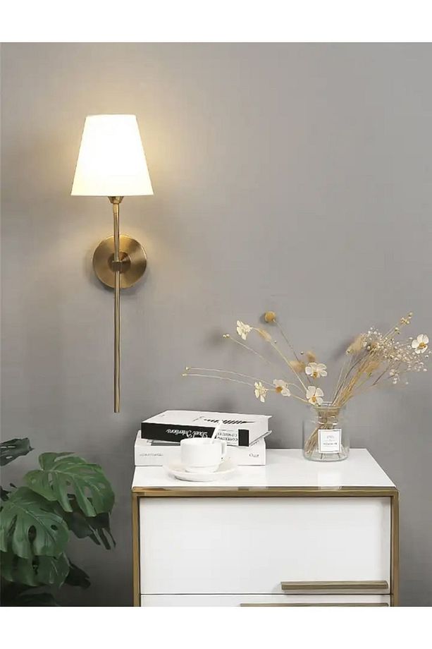 Modern Duvar Aplik 2 Adet Kablolu Elektrik Ile Çalışır Krem Abajur Eskitme Gold Sarı - 6