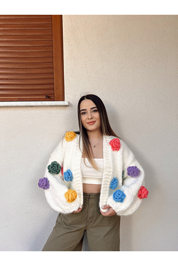White Rose Motif Hand Knitted Cardigan