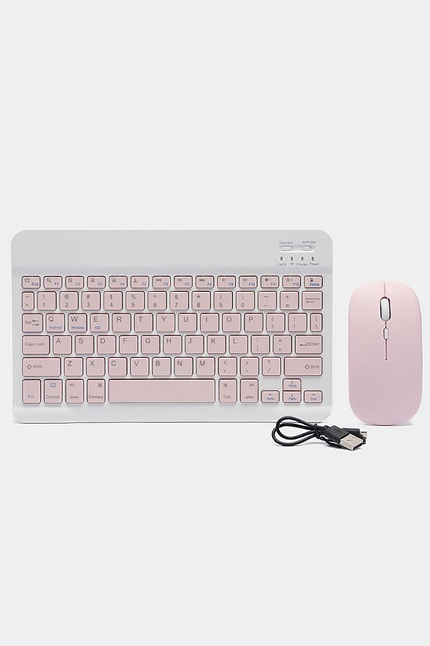 Bluetooth 10 Inç Ios Windows Android Uyumlu Kablosuz Klavye + Mause Set Sessiz Pembe - 1