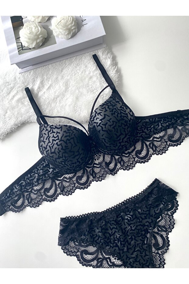 Sequin Seagull Patterned Padded Bra Set - 3