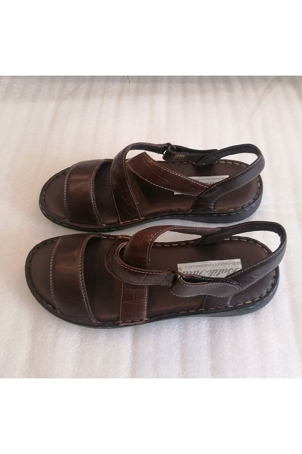 Unisex hakiki dana derisi kahve kroko çapraz bantlı cırt cırtlı  yumuşak poliüretan tabanlı sandalet - 3
