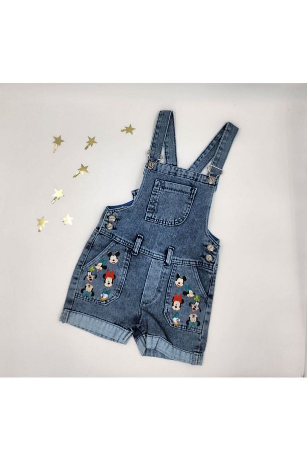 %100 Pamuk Denim Minnie Mouse Baskılı Kız  Çocuk Kot Şort Salopet Kız Çocuk Kot Slopet - 1