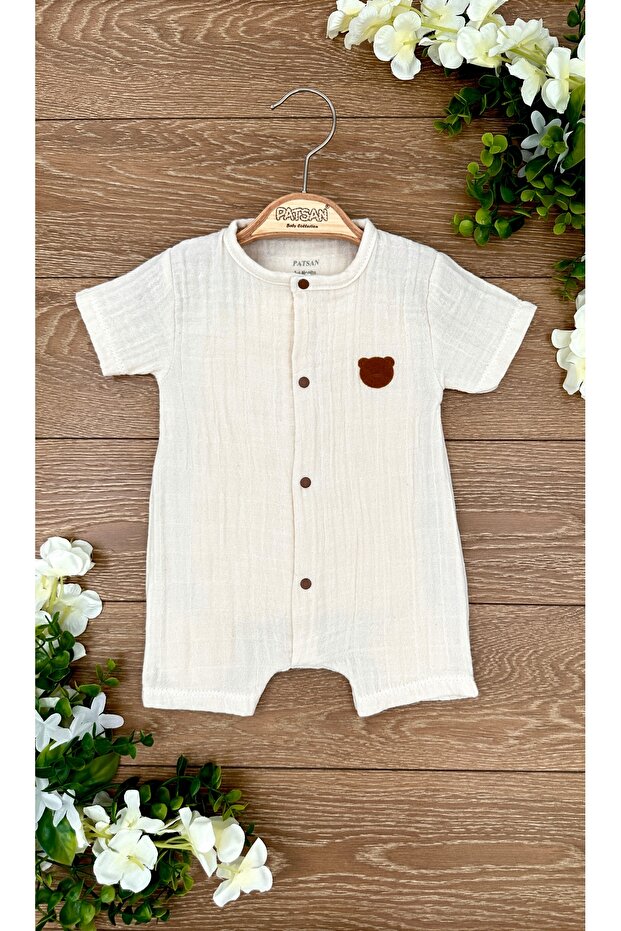 Suede Bear Patterned 100% Cotton Muslin Baby Onesie - Summer