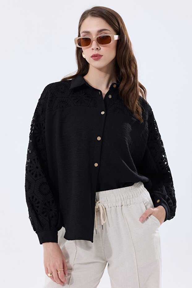 Women's Lace Detailed Balloon Sleeve Linen Shirt
