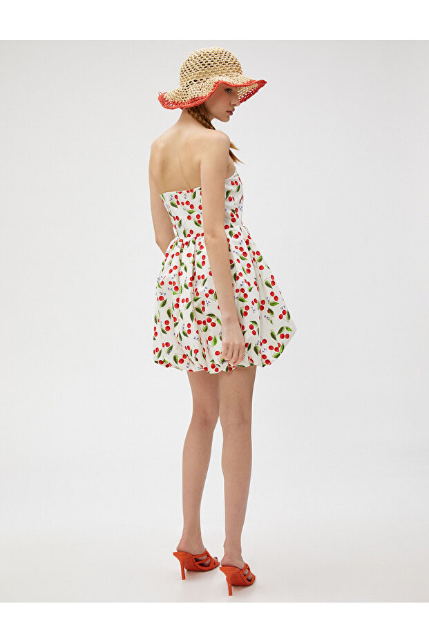 Strapless Mini Dress Balloon Skirt Cherry Printed Lined Cotton