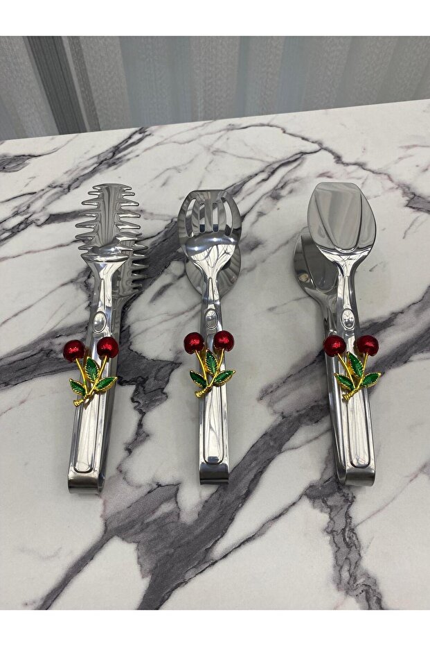 Cherry Silver Stylish Serving Presentation Set Titanium Coated 3-Piece Tongs Set Stainless Steel