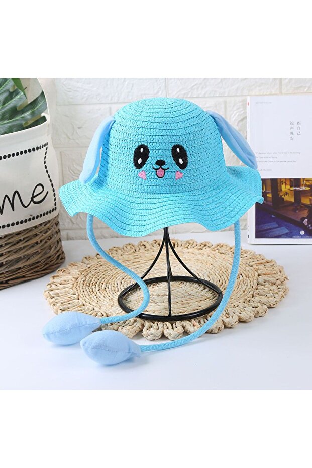 Kids' Blue Summer Straw Hat with Movable Ears