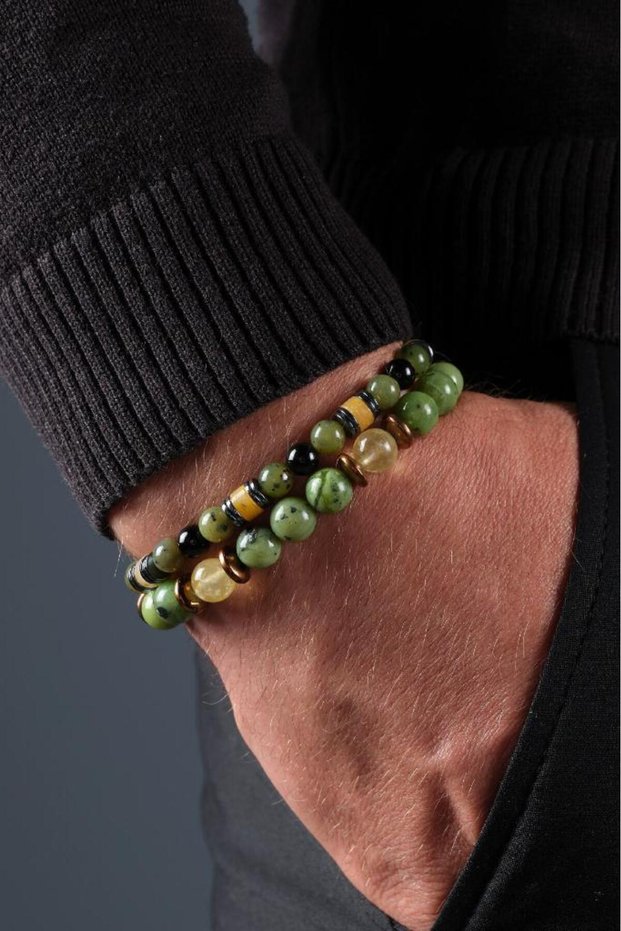 Certified Jade Men's & Women's Natural Stone Bracelet Set (Citrine, Agate, Onix and Hematite)